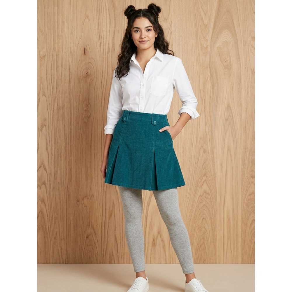 ModCloth Corduroy Pleated Mini Skirt Womens Size 12 Teal Blue Retro Academic